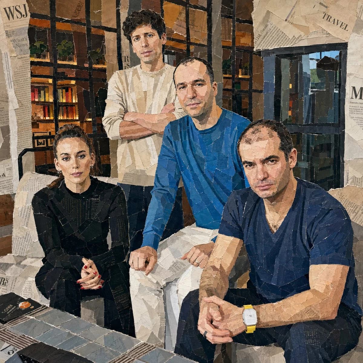 A collage artwork features four individuals arranged in a casual pose, composed of large, hand-torn pieces of newspaper and magazine clippings