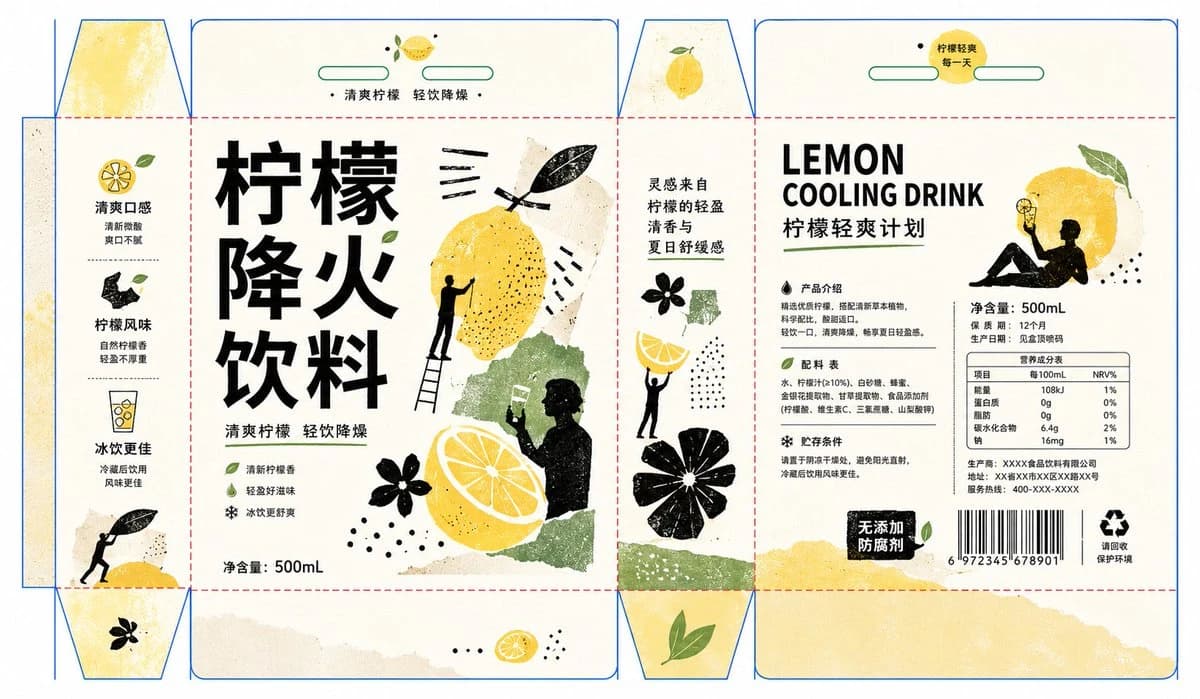 Handmade collage packaging design for a lemon cooling drink with labels, icons and yellow graphic accents