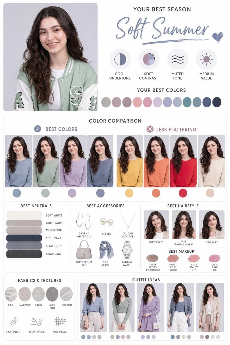 A color analysis guide for 'Soft Summer' season featuring a model and color palettes.