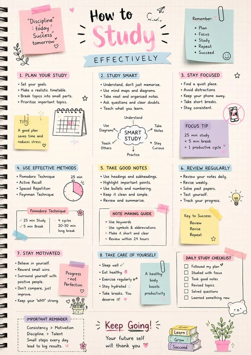 Handwritten study infographic poster featuring organized notes with pastel colors, doodles, and structured tips for effective studying
