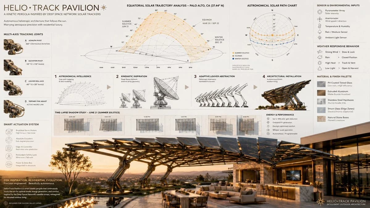 The Heliotropic Architecture Board showcases a luxury outdoor structure with solar tracking mechanics, detailed diagrams, and photorealistic renderings