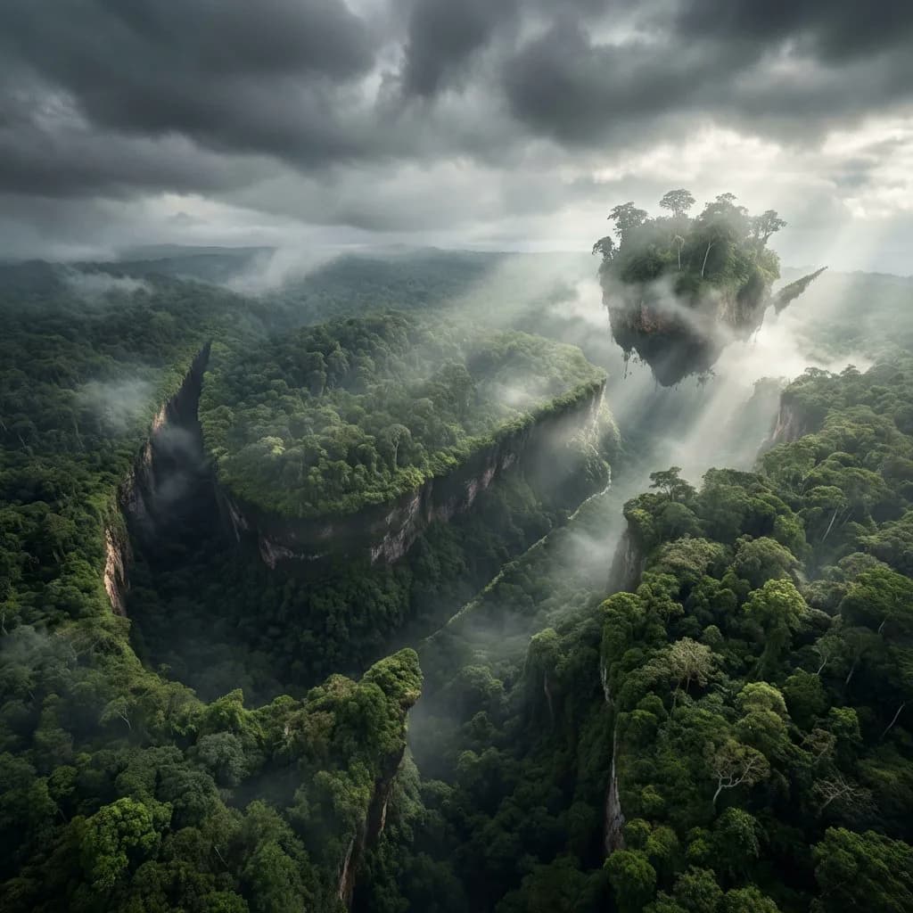 A dramatic aerial landscape hides an organic brand-logo silhouette carved into mountains and mist