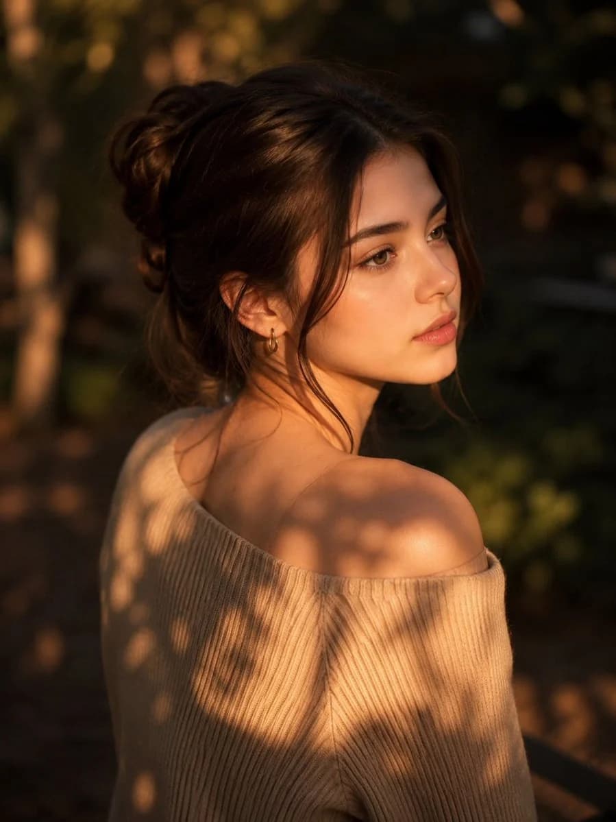 High-angle cinematic portrait of a fashion subject with dramatic composition, soft shadows and editorial color grading