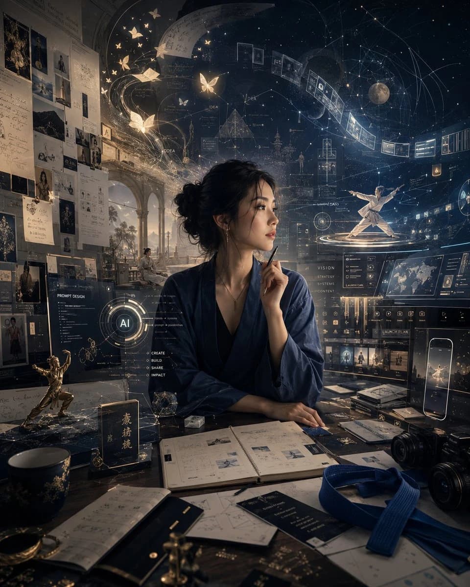 A contemplative woman in a blue robe sits at a cluttered desk surrounded by digital screens, notes, and symbolic objects, representing her inner world