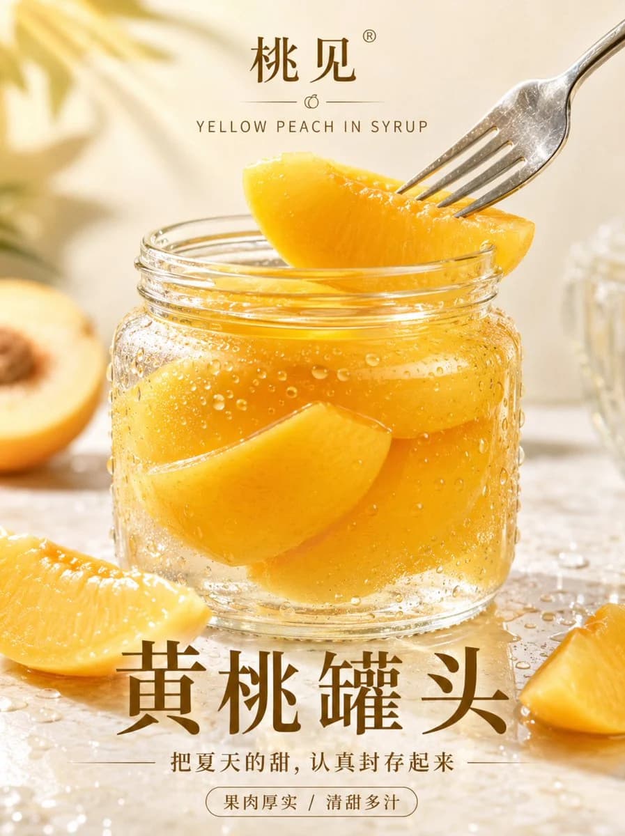 High-End Realistic Peach Canned Food Poster ad creative with product-focused composition, campaign styling and commercial lighting