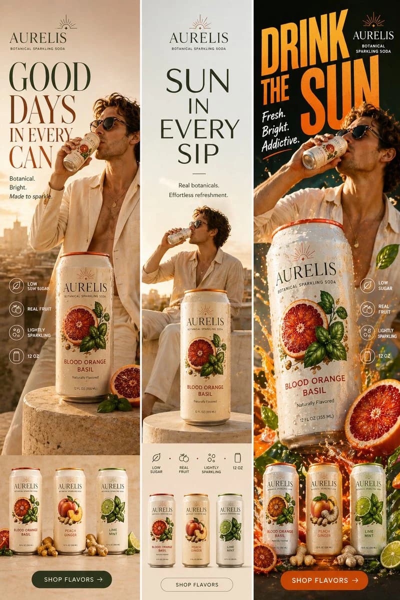 A stylish male model in cream linen attire sips from an AURELIS Blood Orange Basil can, set against a stone surface at golden hour.