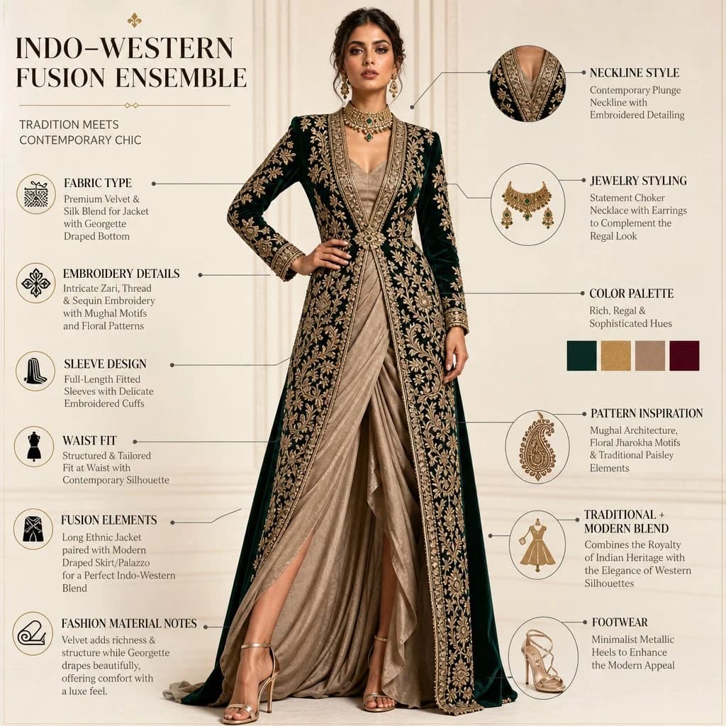 A female model showcases an Indo-Western fusion outfit with detailed fashion annotations.