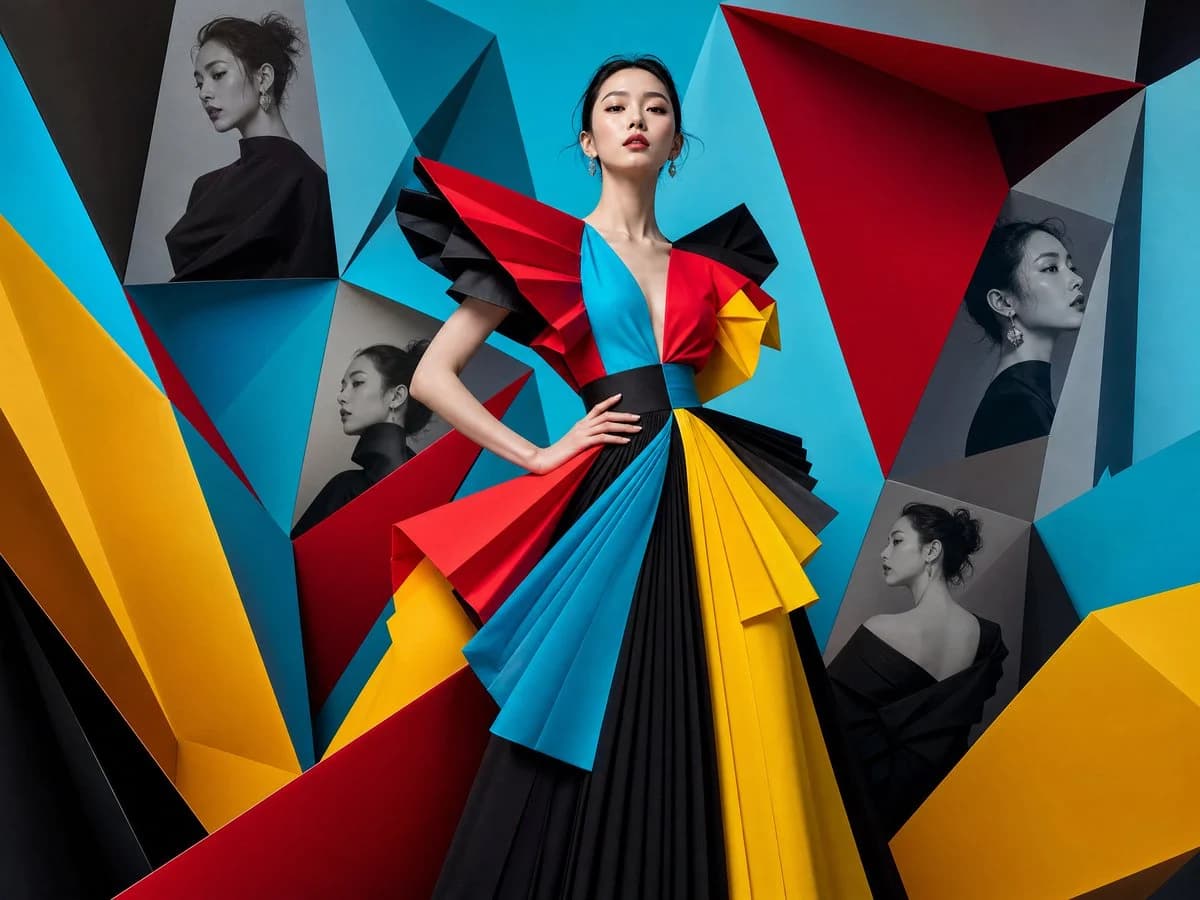 High-fashion editorial portrait with origami-inspired architectural shapes and vivid couture styling