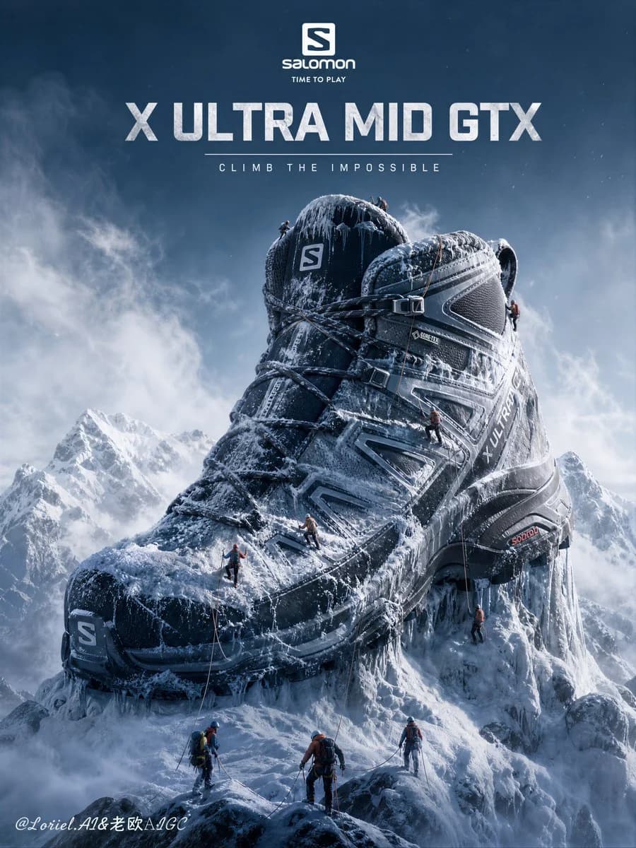 Hiking boot framed against a mountain landscape in a bold outdoor advertising poster