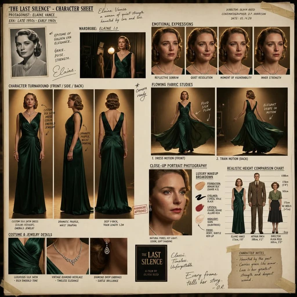 Hollywood-style character sheet shows a woman in an emerald gown with turnarounds, portraits and costume callouts