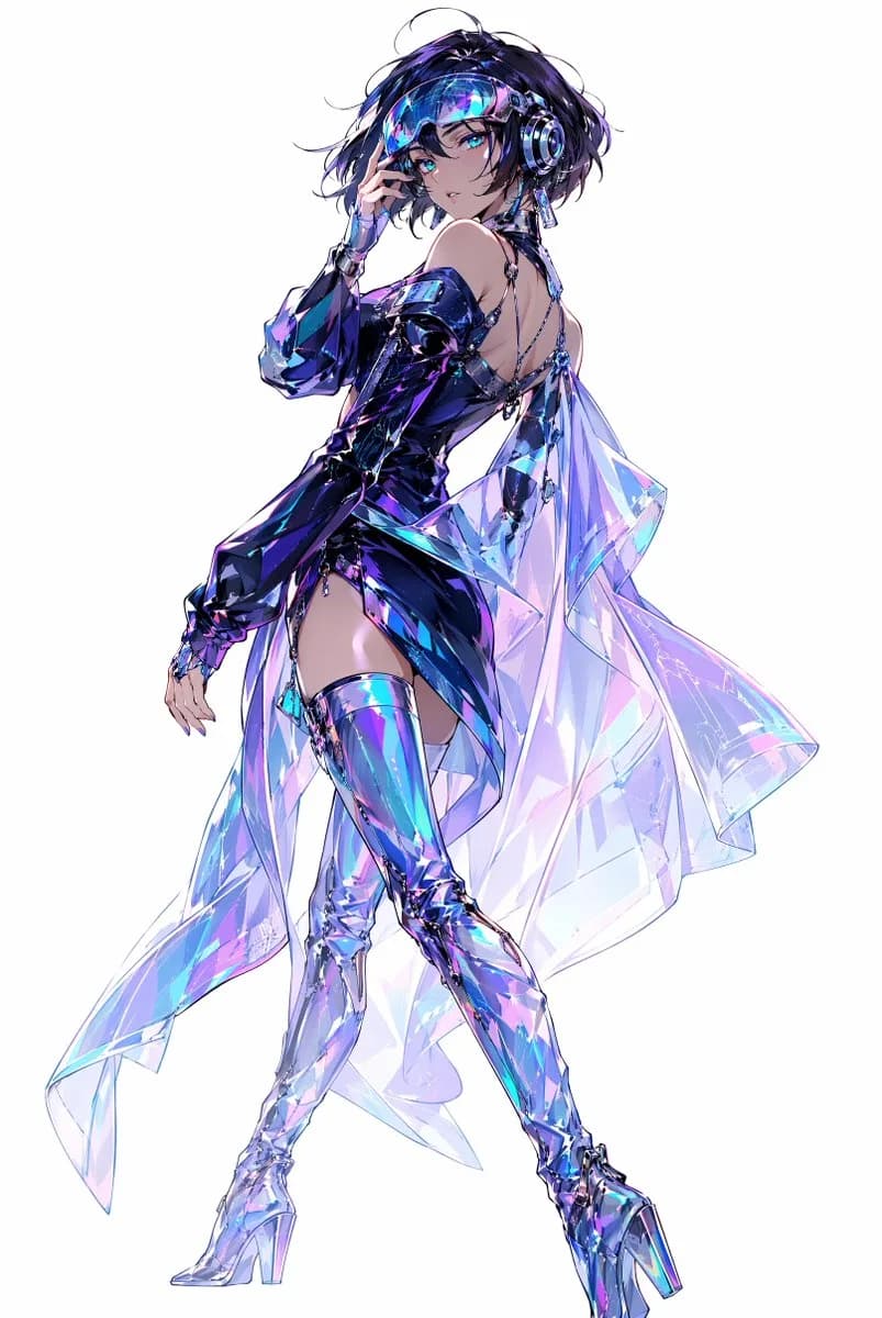 A full-body anime cyberpop idol character design with iridescent futuristic fashion and glossy holographic materials