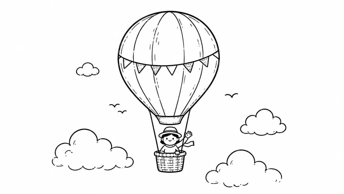 Hot Air Balloon Coloring Page with structured callouts, clean hierarchy, and educational poster layout