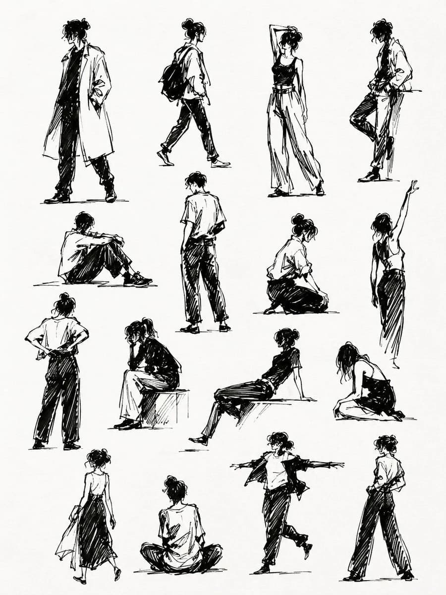 Sketchbook page of human gesture silhouettes, showing movement studies, anatomy rhythm, and loose drawing marks.