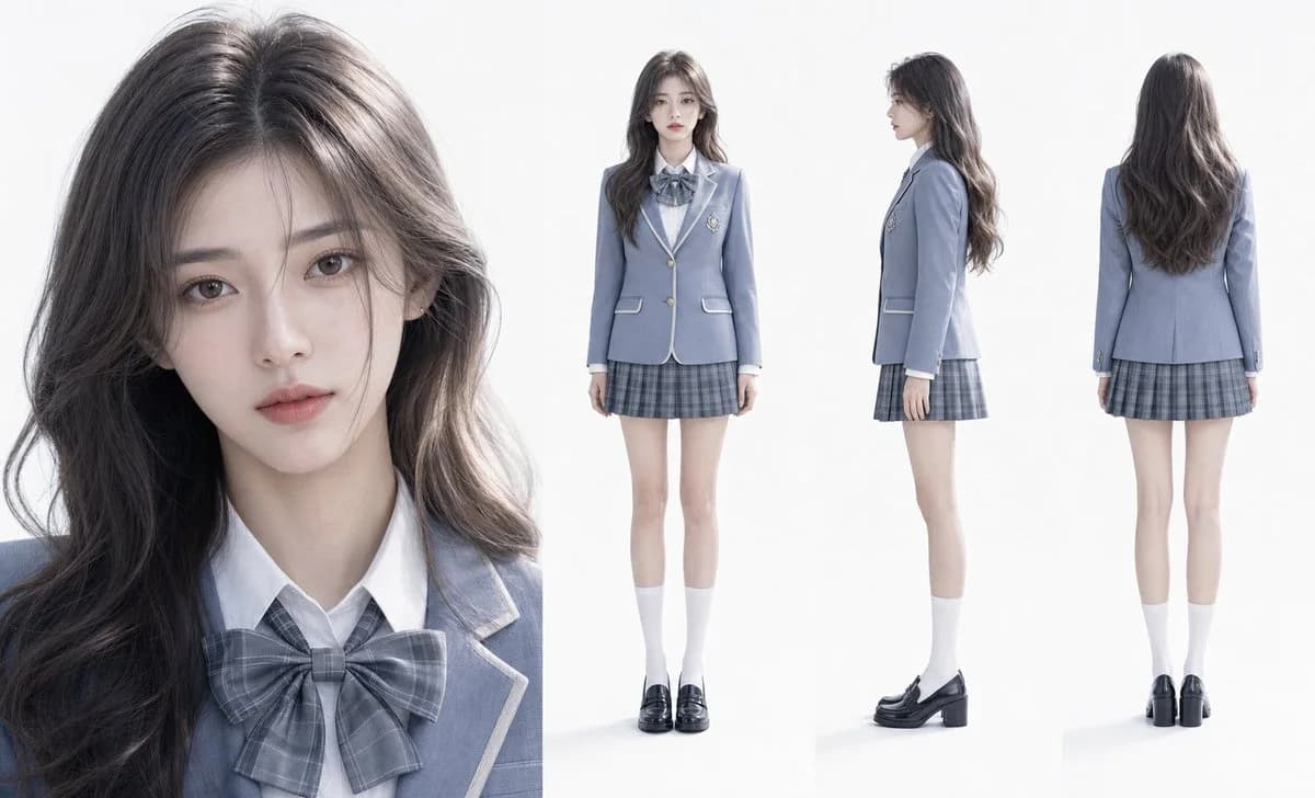 A close-up of an elegant student in a smog blue academy uniform, accompanied by three-view drawings showcasing her outfit.