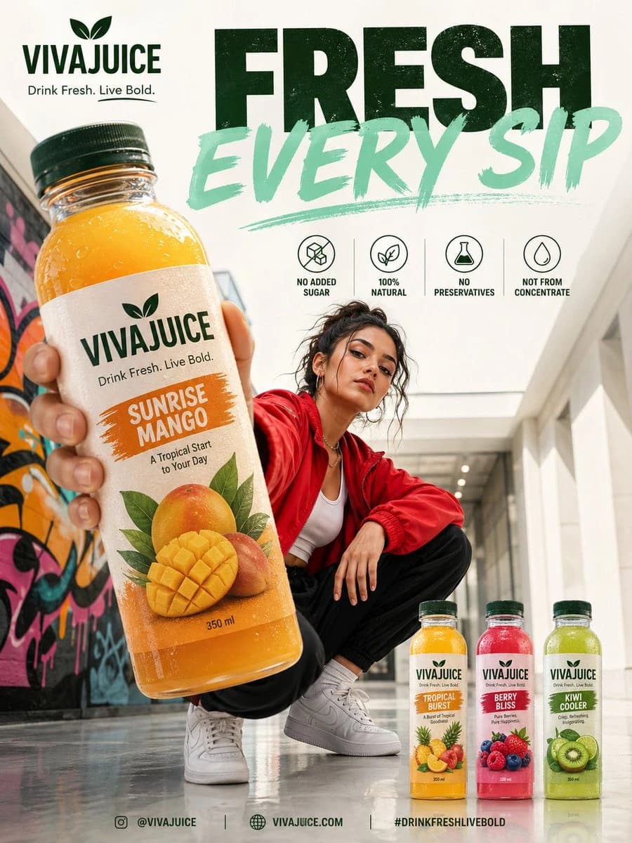 A model holds a bottle of Sunrise Mango juice with fruit graphics, set against a colorful graffiti backdrop.