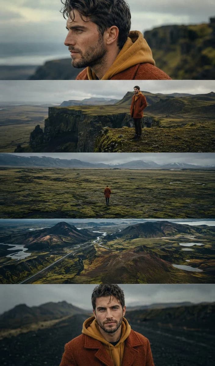 Icelandic Highland Cinematography with sequential panels, cinematic framing, and clear storytelling layout