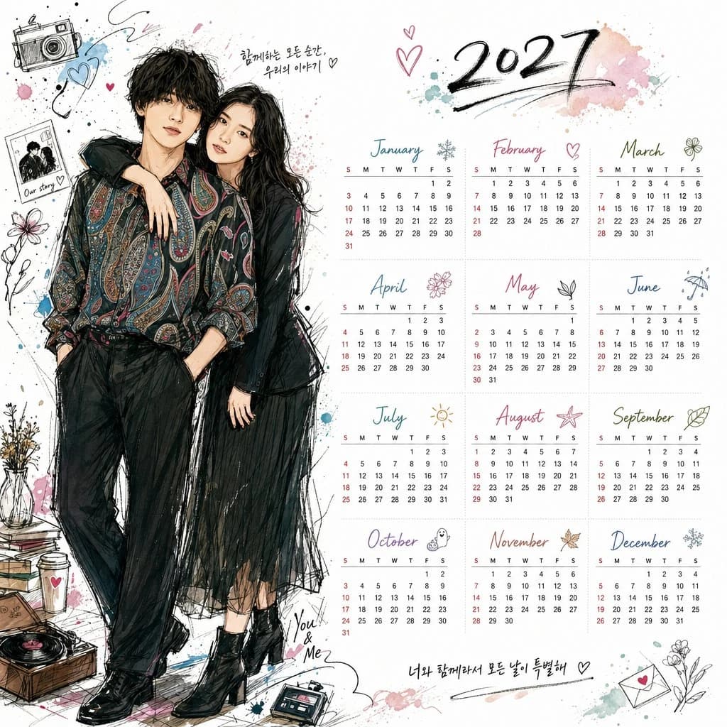 A vertical A4 calendar for 2027 features a Korean illustration style with a couple in dynamic poses, surrounded by doodles and symbolic elements