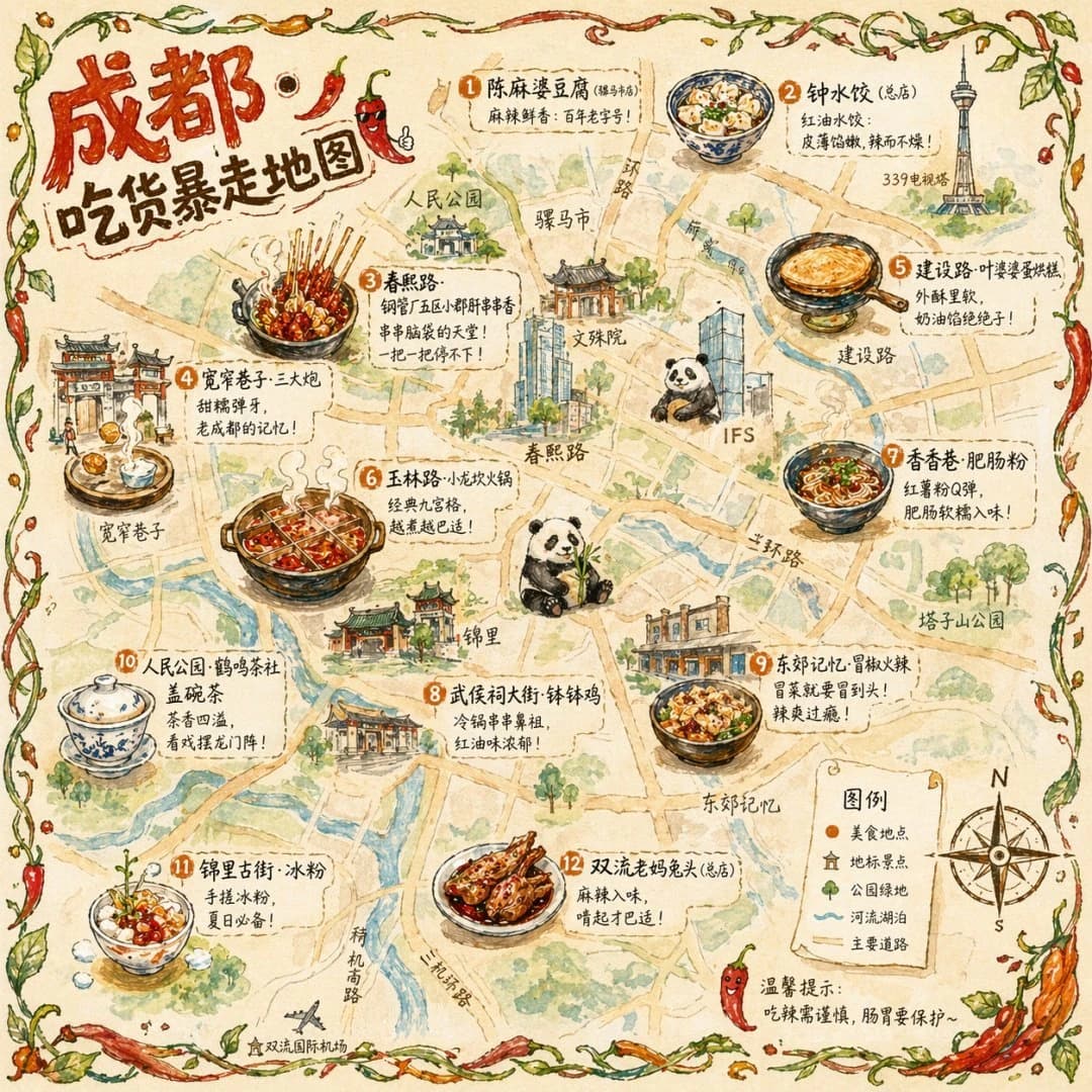 An illustrated food map of Chengdu features watercolor and ink drawings of landmarks and local dishes on vintage parchment