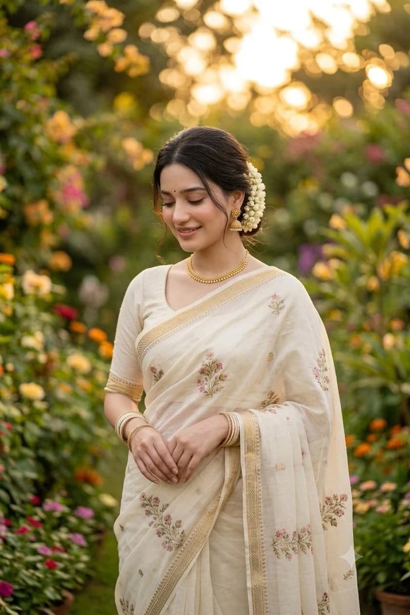 Indian saree garden portrait with rich fabric color, natural greenery, and polished social-media lifestyle framing