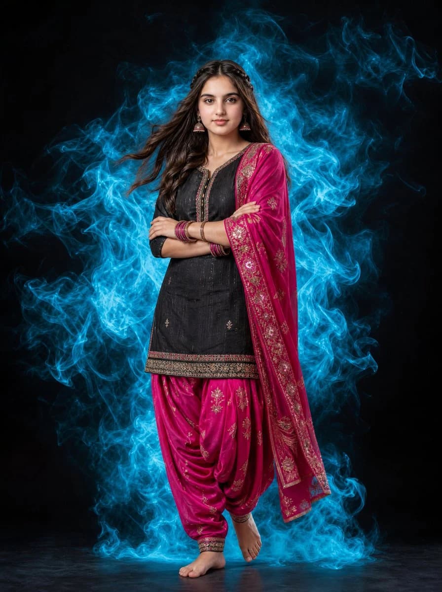 Indian Woman Portrait with Cyan Smoke portrait visual