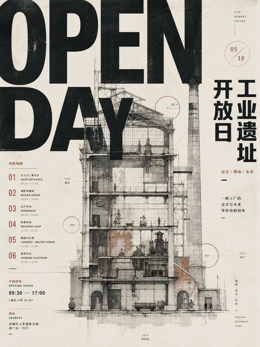Industrial Heritage Open Day Poster with structured labels, readable hierarchy and presentation-ready information design