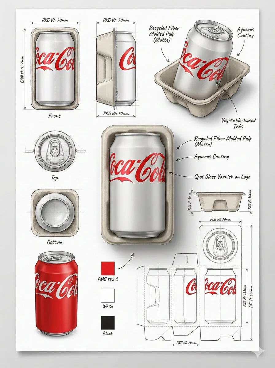 Industrial packaging design sheet showing can renderings, technical views, dielines, color swatches, and labeled construction notes