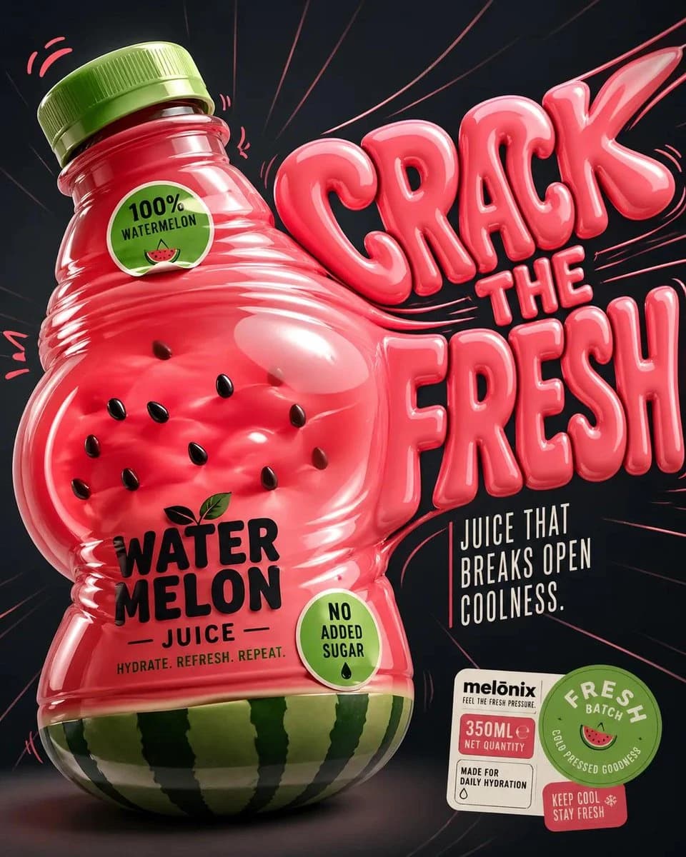 A distorted watermelon juice bottle dominates the left, showcasing playful elasticity with bulging surfaces and vibrant branding against a dark background