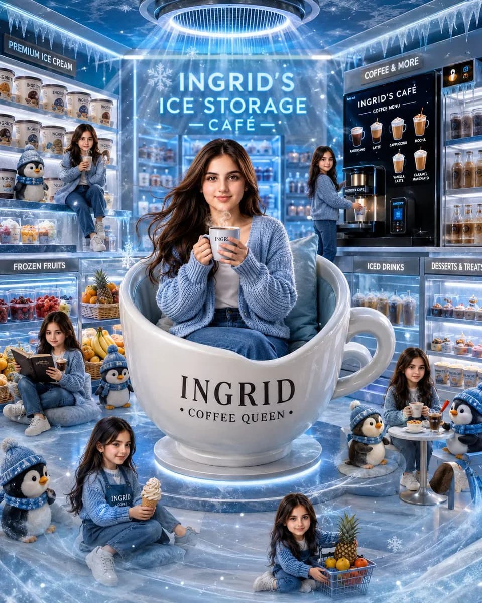 Fantasy cafe scene for Ingrid Ice Storage with cozy food setting, illustrated character detail, and cinematic light