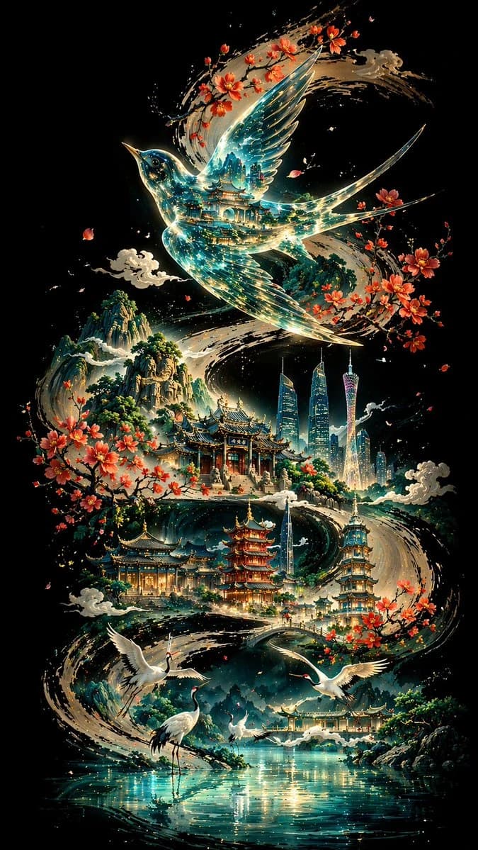 A bold S-shaped ink curve traverses a black background, featuring a translucent bird and Guangzhou landmarks amidst lush flora and water