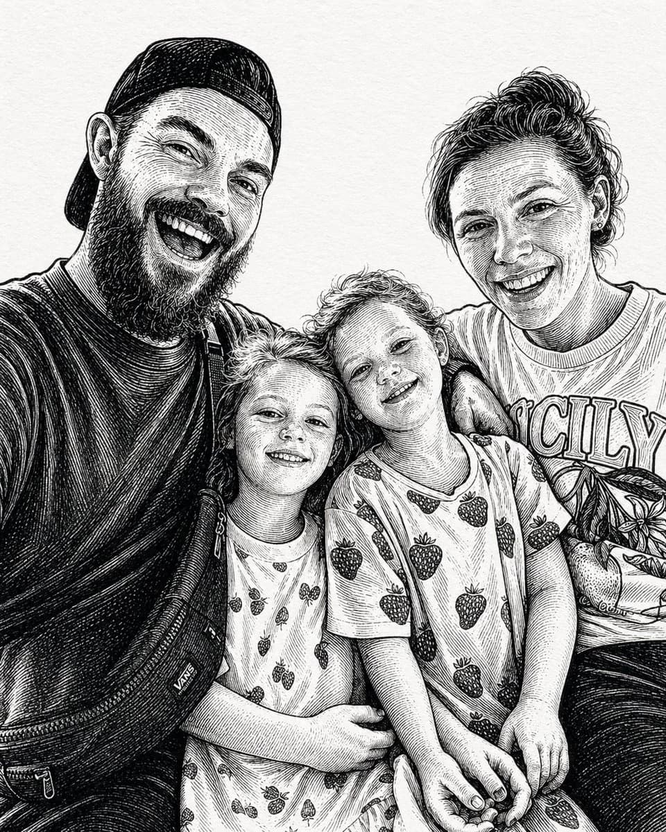 A hand-drawn black-and-white family portrait features four people closely seated, with detailed crosshatching highlighting their casual expressions and clothing