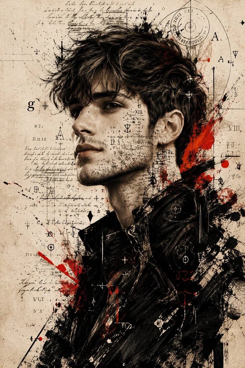 A dramatic ink sketch portrait of a man in side profile, layered with cryptic text and symbols against a pale, aged parchment background