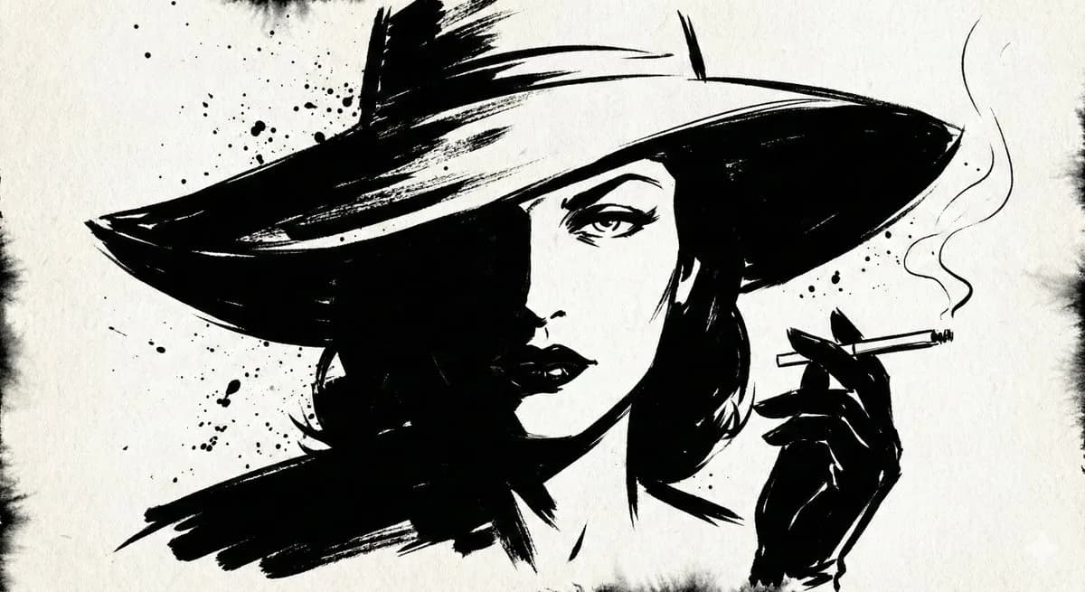 High-contrast black ink noir portrait shows a woman in a wide-brim hat with stark white negative space