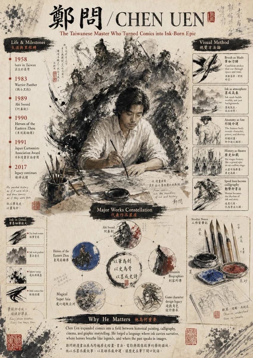 A vintage poster features a seated male artist in a loose white shirt, surrounded by ink wash illustrations and calligraphy celebrating Chen Uen
