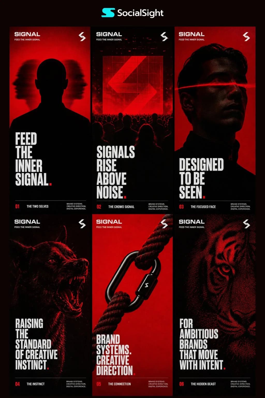 INNER SIGNAL brand poster series with six red and black social ad panels using silhouettes, arrows, and bold typography