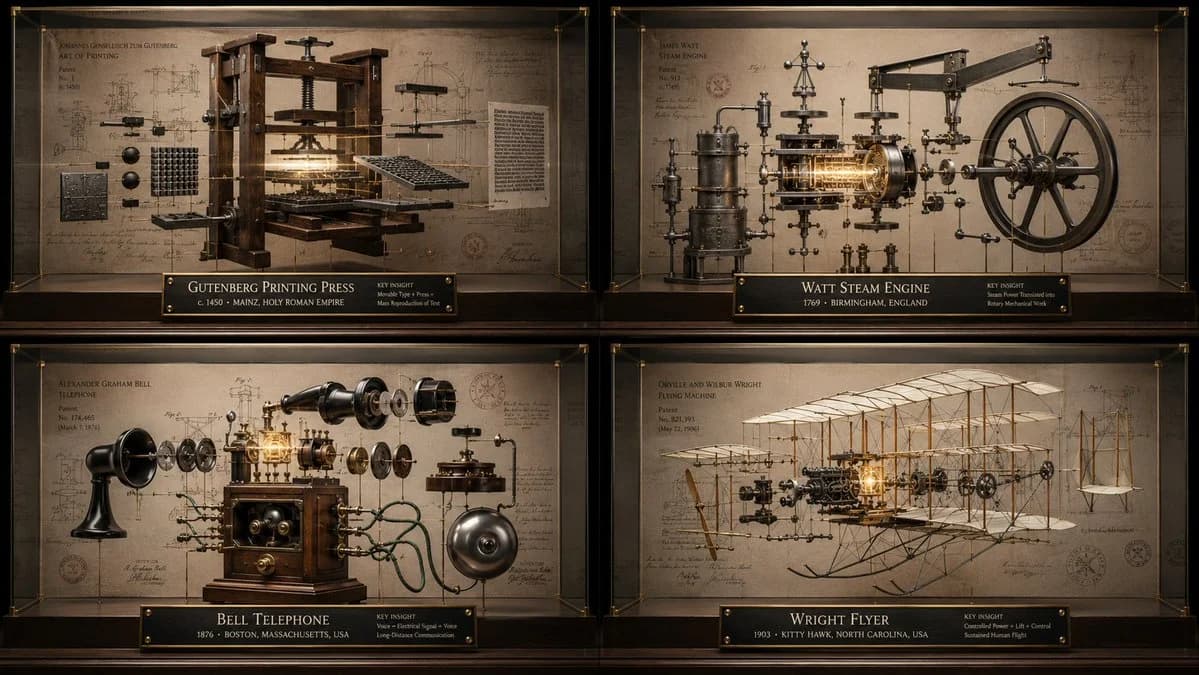 GPT Image 2 prompt example showing a 2x2 museum reliquary diagram of inventions suspended in glass cases