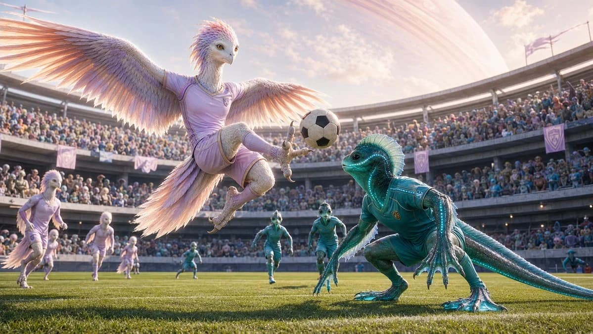 Intergalactic Football Sports Photography with sports concept art styling, dramatic game-ready action and detailed scene design