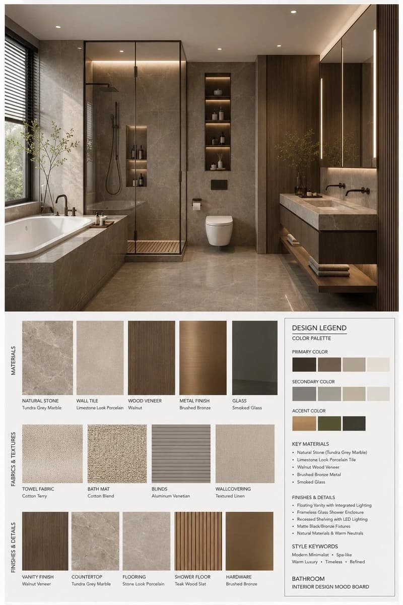 A modern bathroom mood board features a high-resolution design rendering with a cohesive palette of natural materials and textures, complemented by a detailed legend