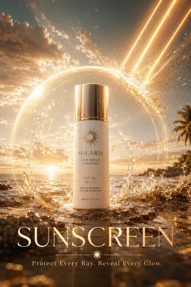Luxury sunscreen bottle on a tropical shoreline protected by a glowing transparent shield under golden sunlight