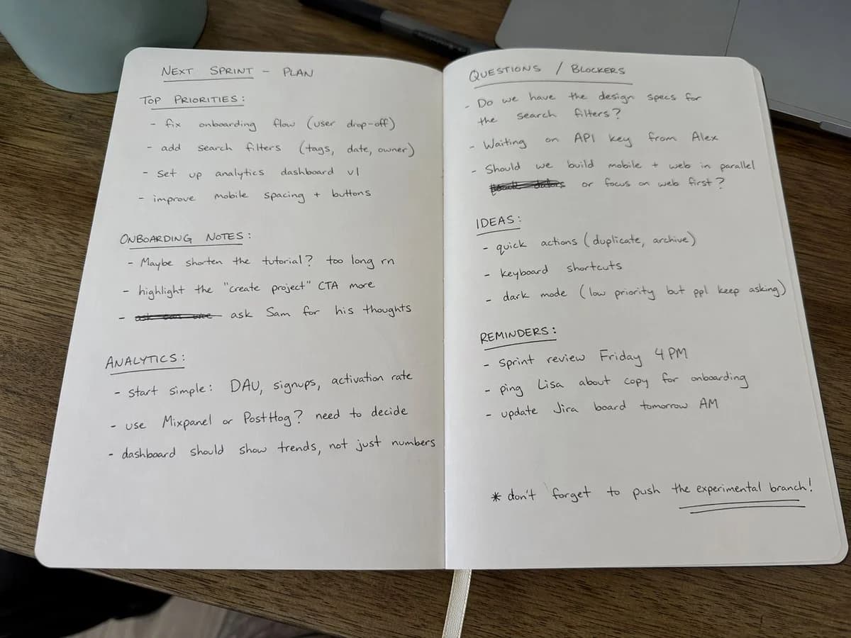 Candid iPhone-style notebook photo with natural desk clutter, handwritten notes and casual lifestyle framing