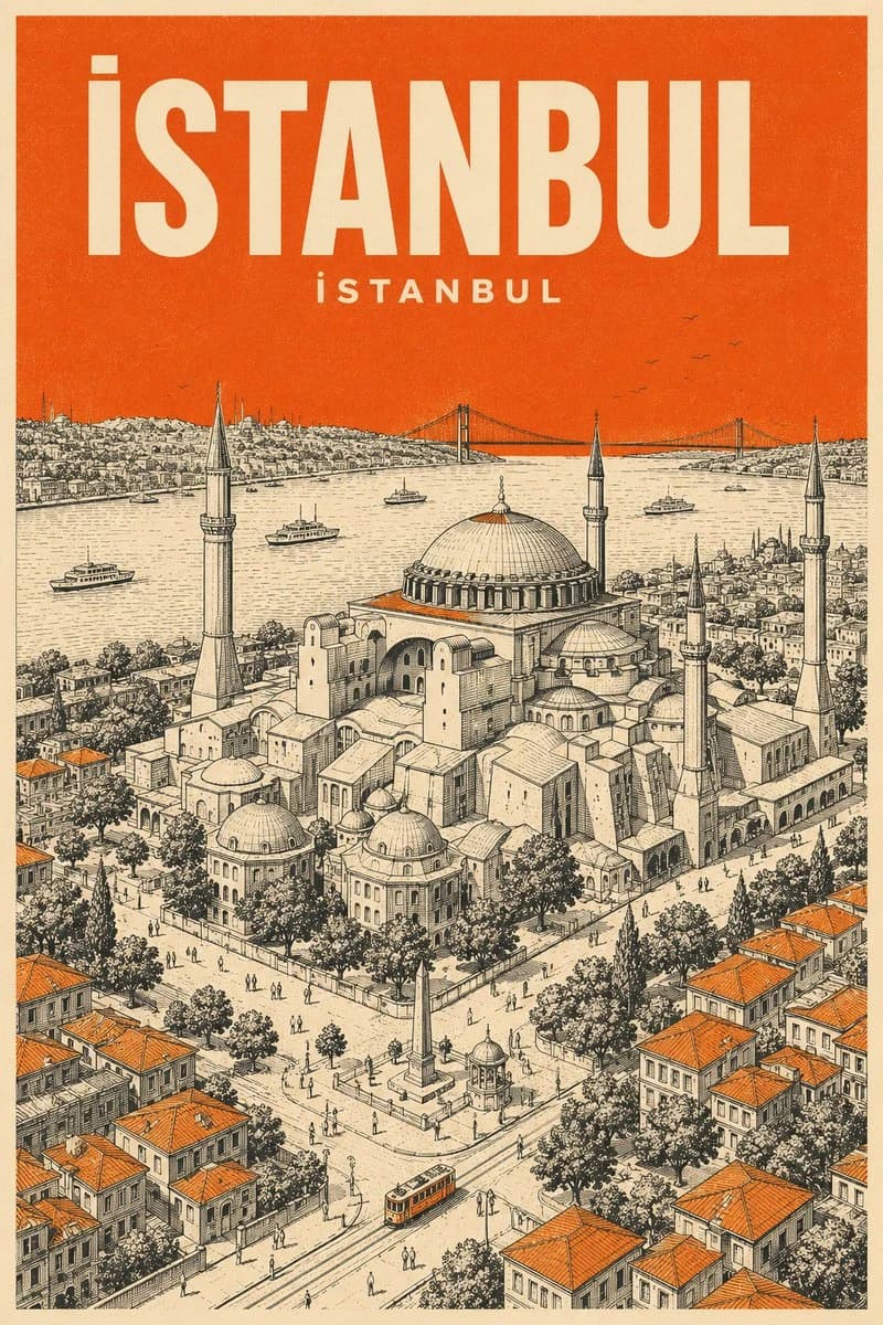 Istanbul is depicted in a minimalist isometric travel poster featuring the Hagia Sophia, with a vibrant orange sky and detailed black line work