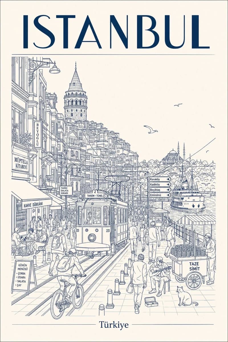 A lively line-art illustration of Istanbul's tram street scene, featuring local residents, cafés, and iconic landmarks like the Galata Tower