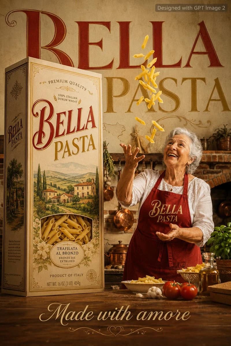 Italian food advertising poster with plated dish photography, warm colors, and bold restaurant-style typography