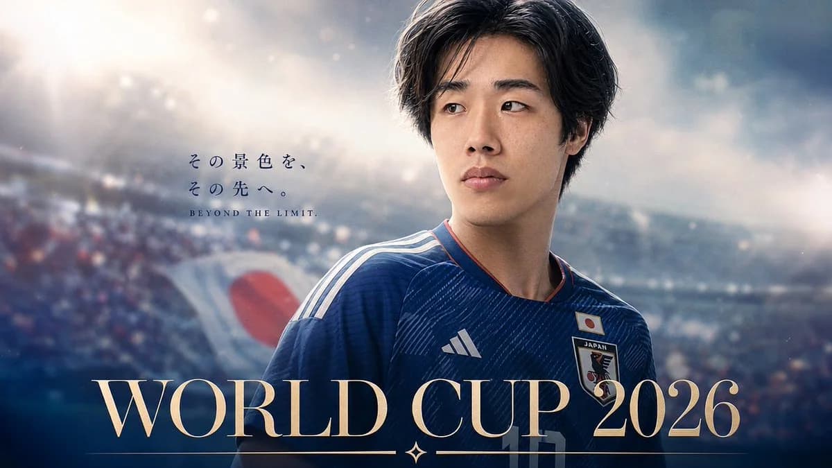 A cinematic photorealistic football poster featuring a Japanese player in a stadium with bilingual slogan text and a luxury World Cup 2026 title
