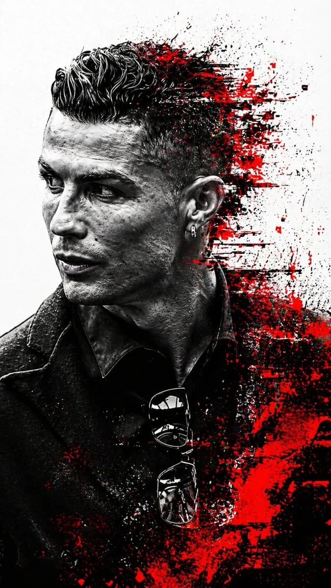 A man with short hair and sunglasses poses against a red and black abstract background.