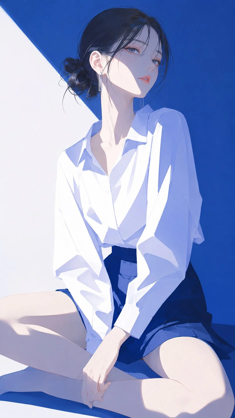 GPT Image 2 prompt example showing a minimalist Japanese fashion cover illustration of a seated woman in blue and white