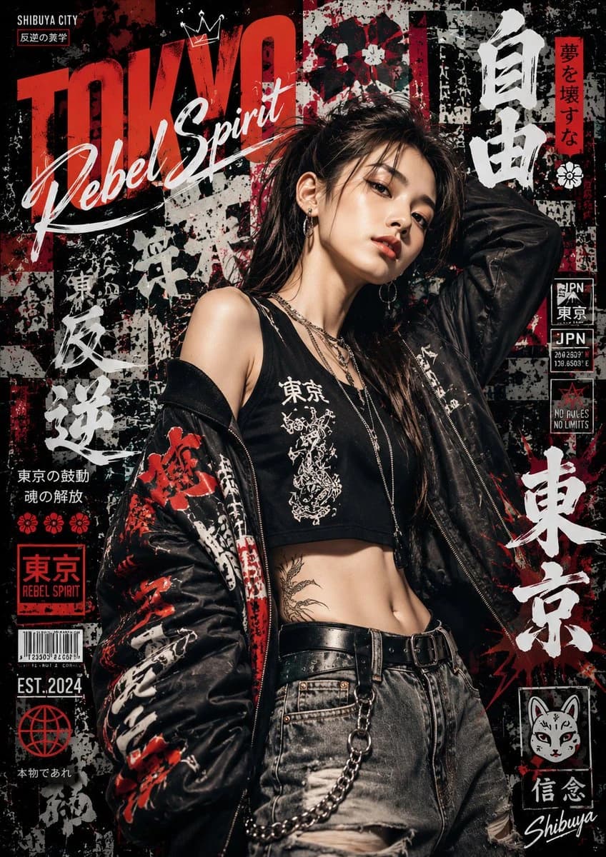 A confident model poses in a graffiti-inspired setting, showcasing bold typography and vibrant textures that reflect urban Japanese culture