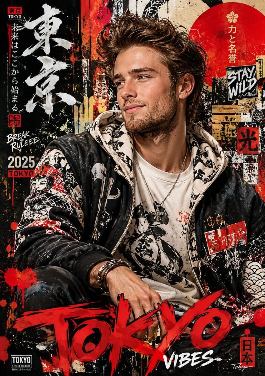 A confident young man poses against a vibrant backdrop of Japanese graffiti, featuring bold typography and colorful spray-paint textures