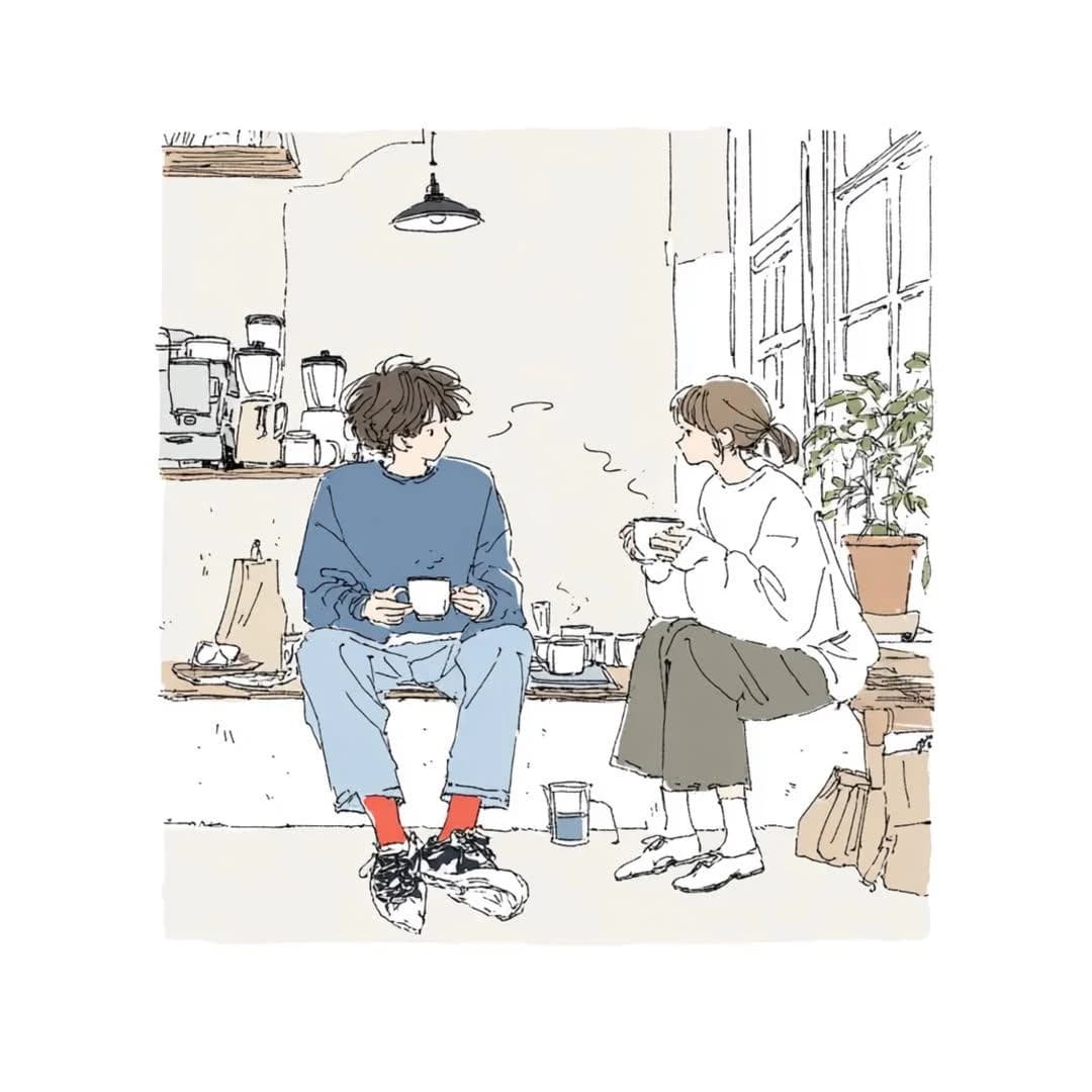 Japanese lifestyle sketch portrait with soft hand-drawn lines, everyday scene details, and warm social post mood