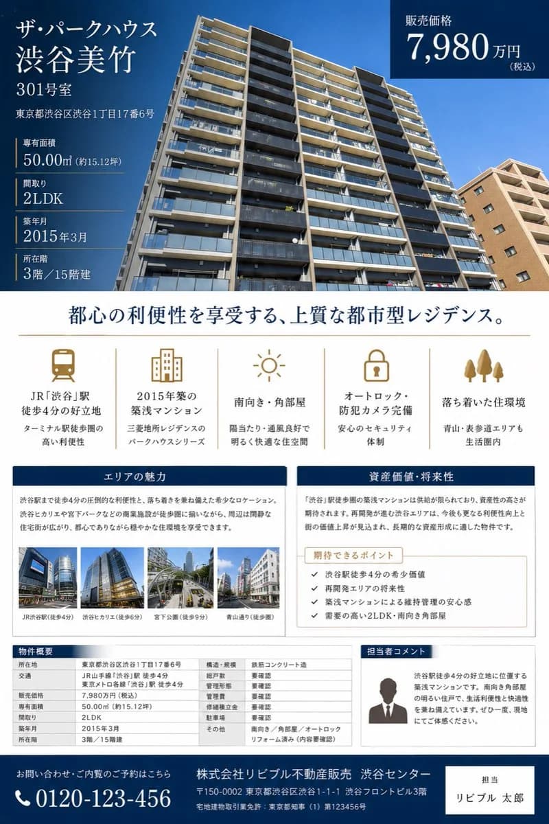 Modern high-rise condominium exterior under a clear blue sky, featuring a dark navy overlay with property details and pricing.