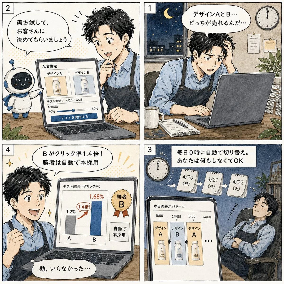 Japanese Manga A/B Testing Comic with side-by-side visual comparison, clear panel structure and readable style contrast